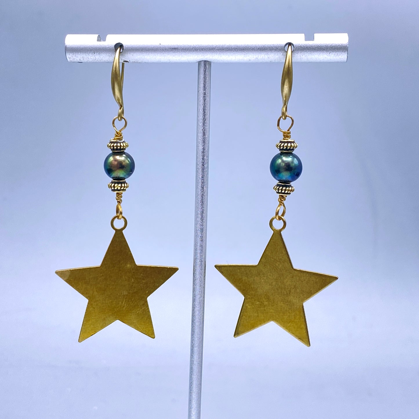 Pearl and Raw Brass Star Earrings