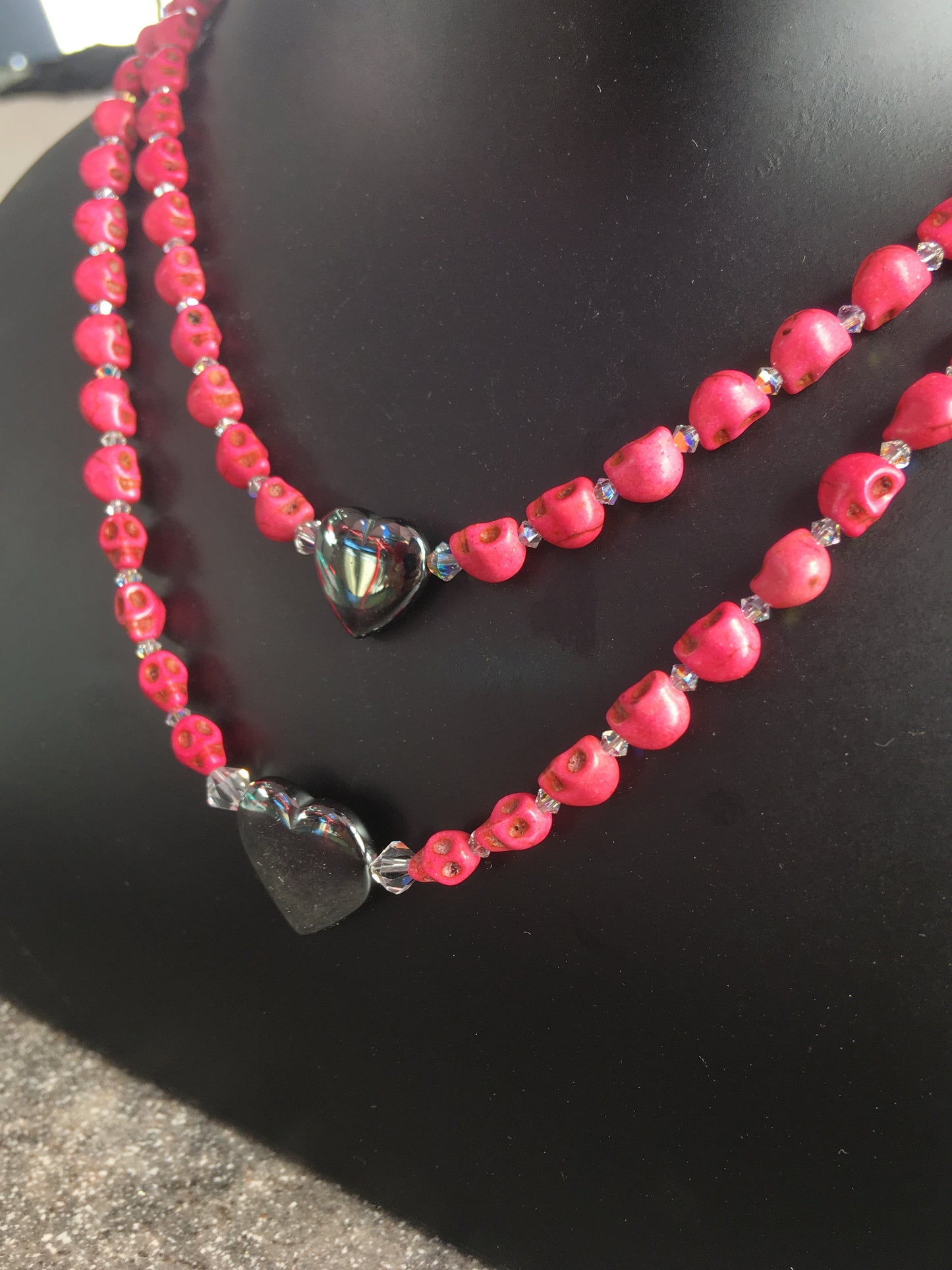 Pink Skulls and Hematite Gemstone Double Necklace