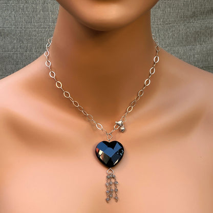 Black Onyx Faceted Heart Pendant w/ Labradorite on Sterling Silver Chain