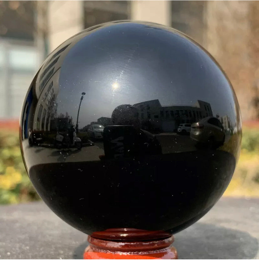 Natural Black Obsidian Sphere Healing Stone + Free Stand
