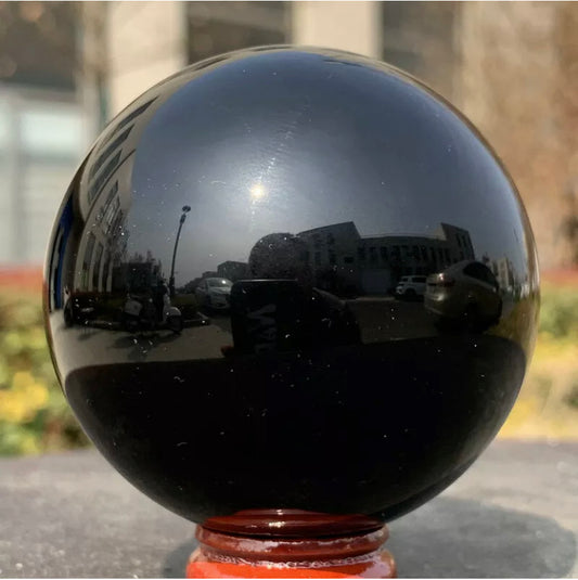 Natural Black Obsidian Sphere Healing Stone + Free Stand