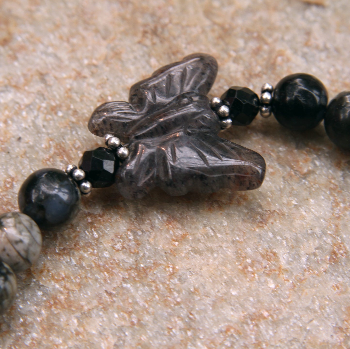 “Goddess” Grey Opal, Blue Aventurine Butterfly, Black Spinel, and Oxidized Sterling Silver Stretch Bracelet