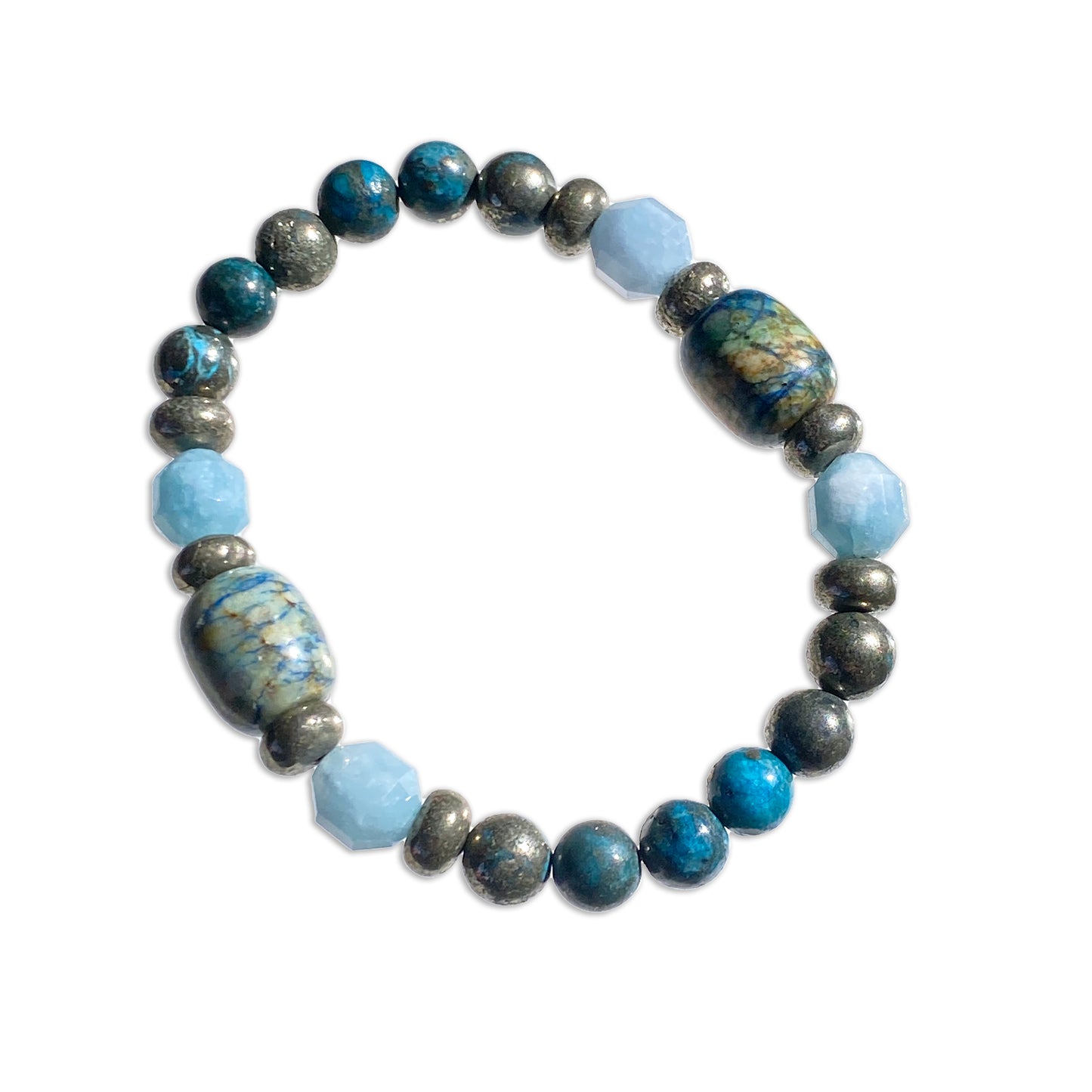 Pyrite, Aquamarine, and Chrysocolla gemstone Stretch bracelet