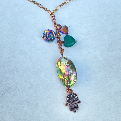 Copper, Abalone shell, Green Onyx gemstone and Hematite Hamsa necklace