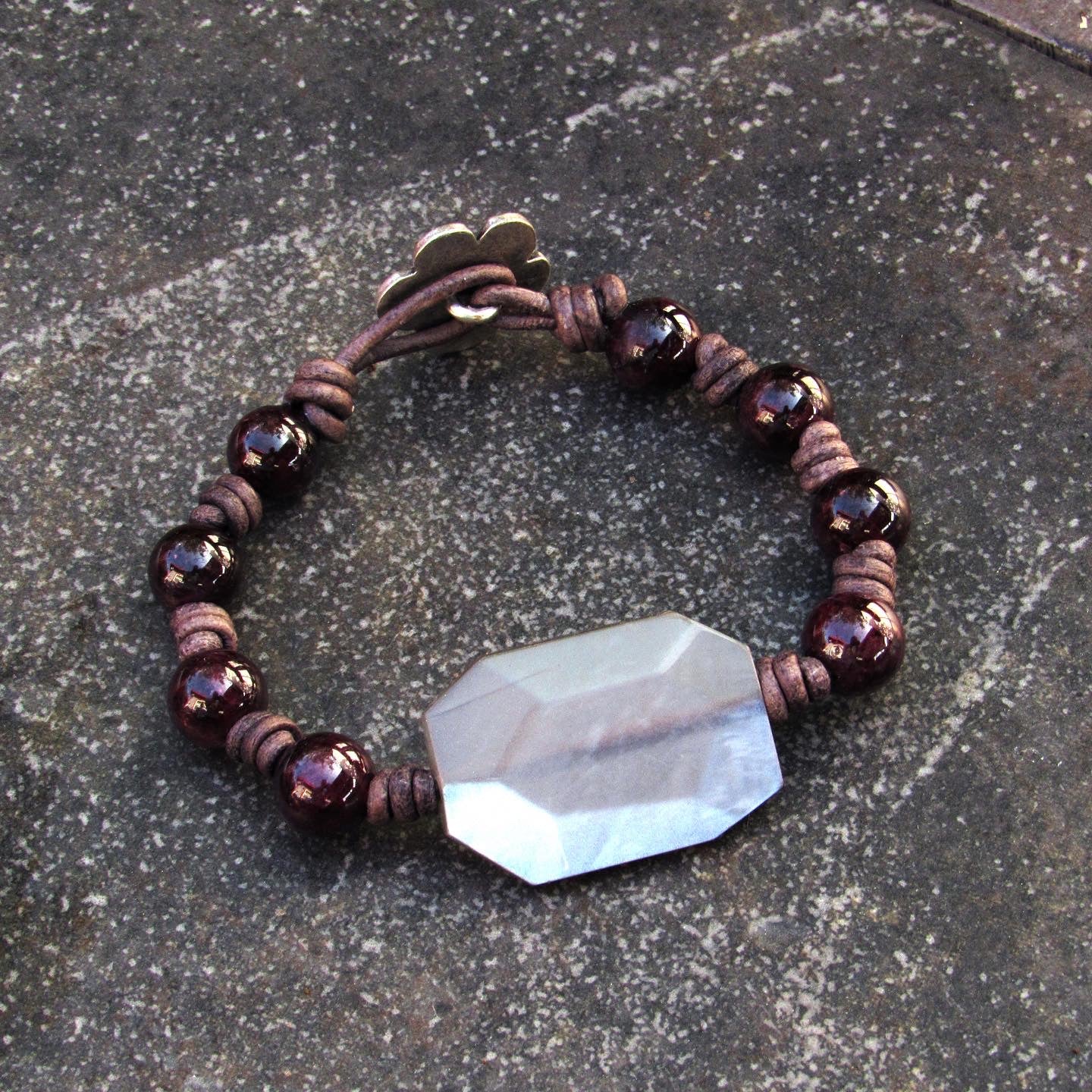 Garnet gemstone and silver moonstone leather bracelet