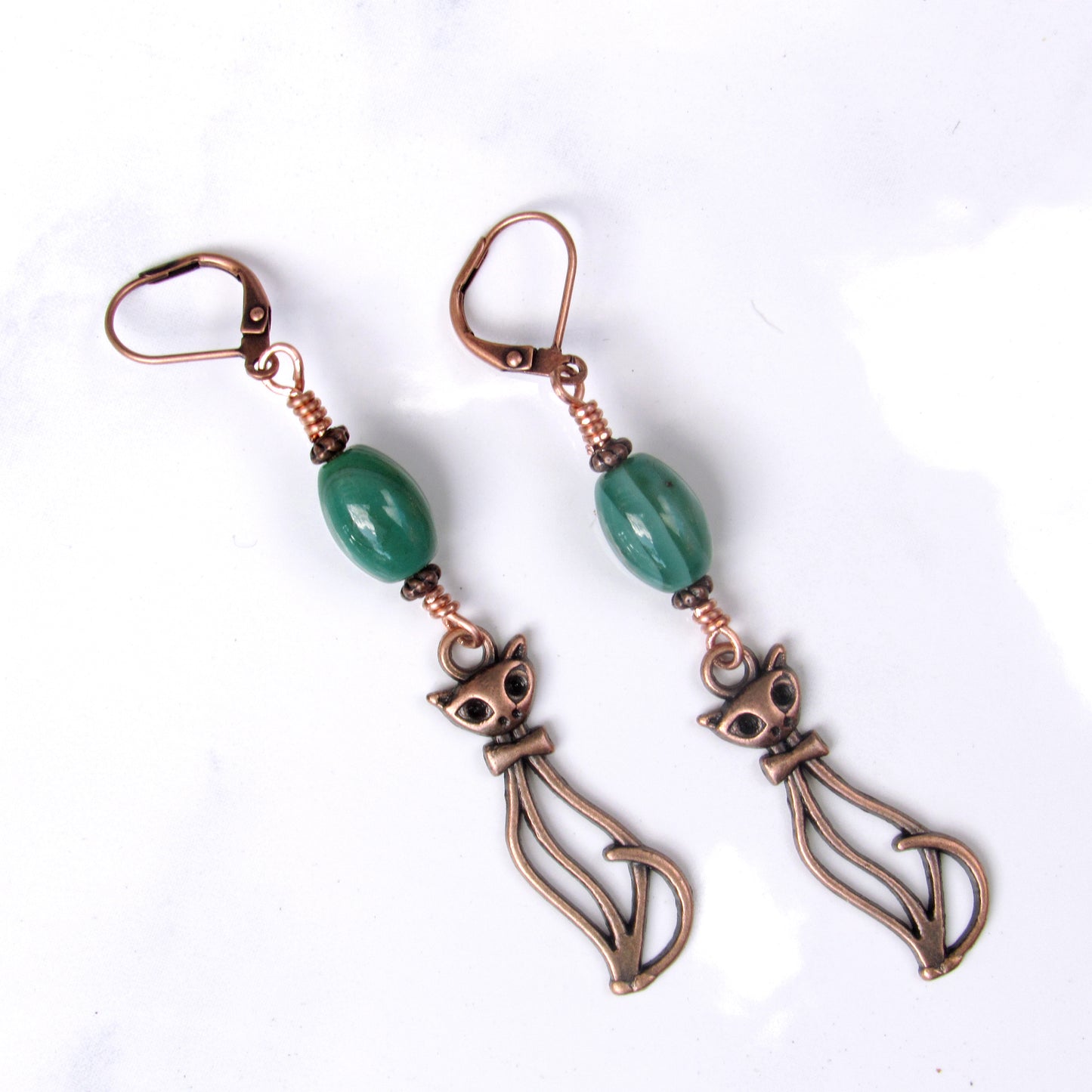 Green Agate gemstone and Copper Kitty Cat Drop Earrings