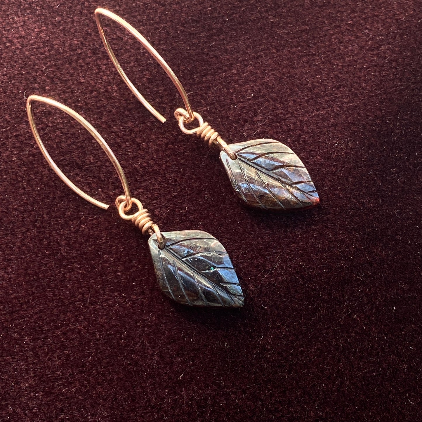 Genuine Garnet Leaf Carved Earrings Hand Wrapped with Silver Vermeil Wire