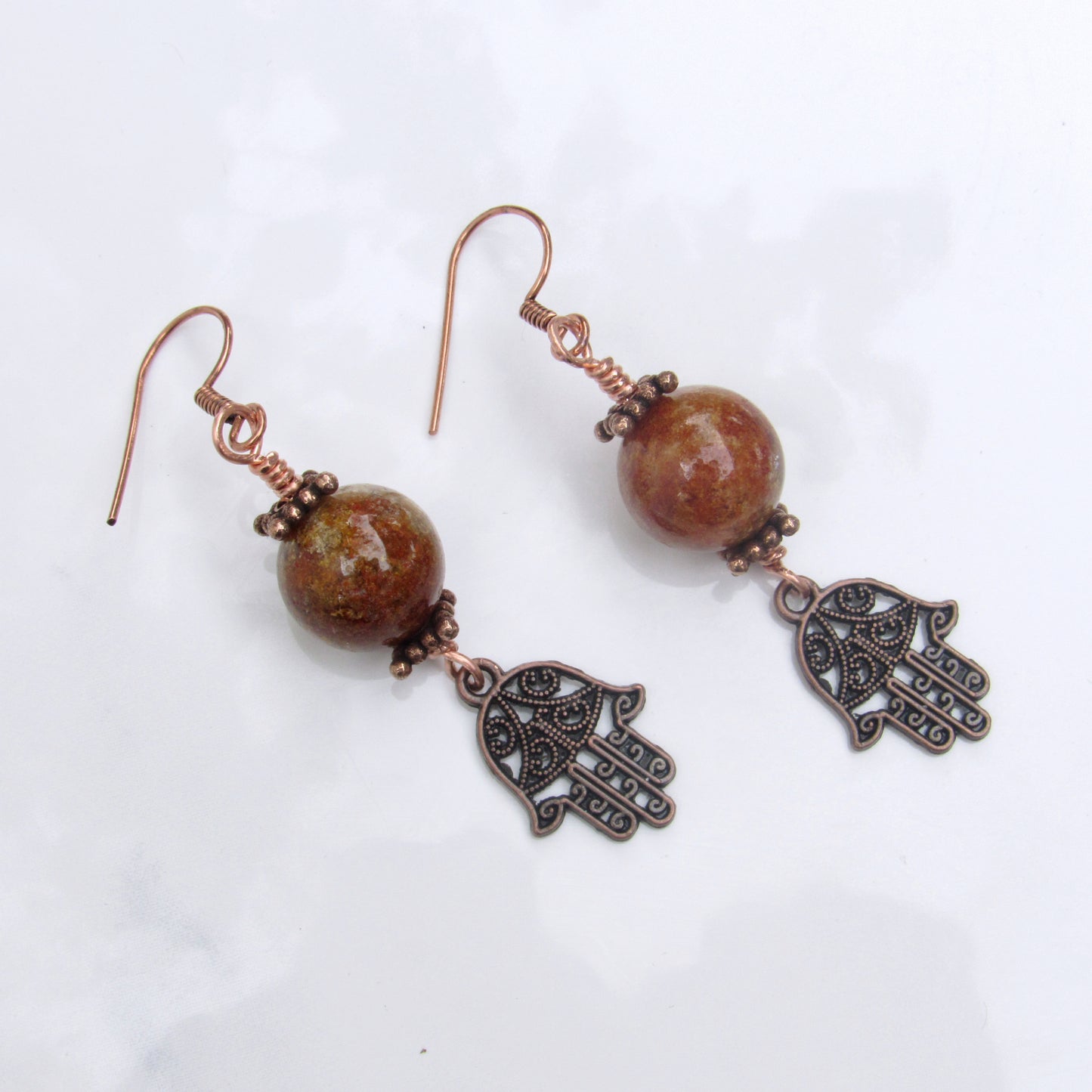 Phantom Ghost gemstones and Copper Hamsa Drop Earrings