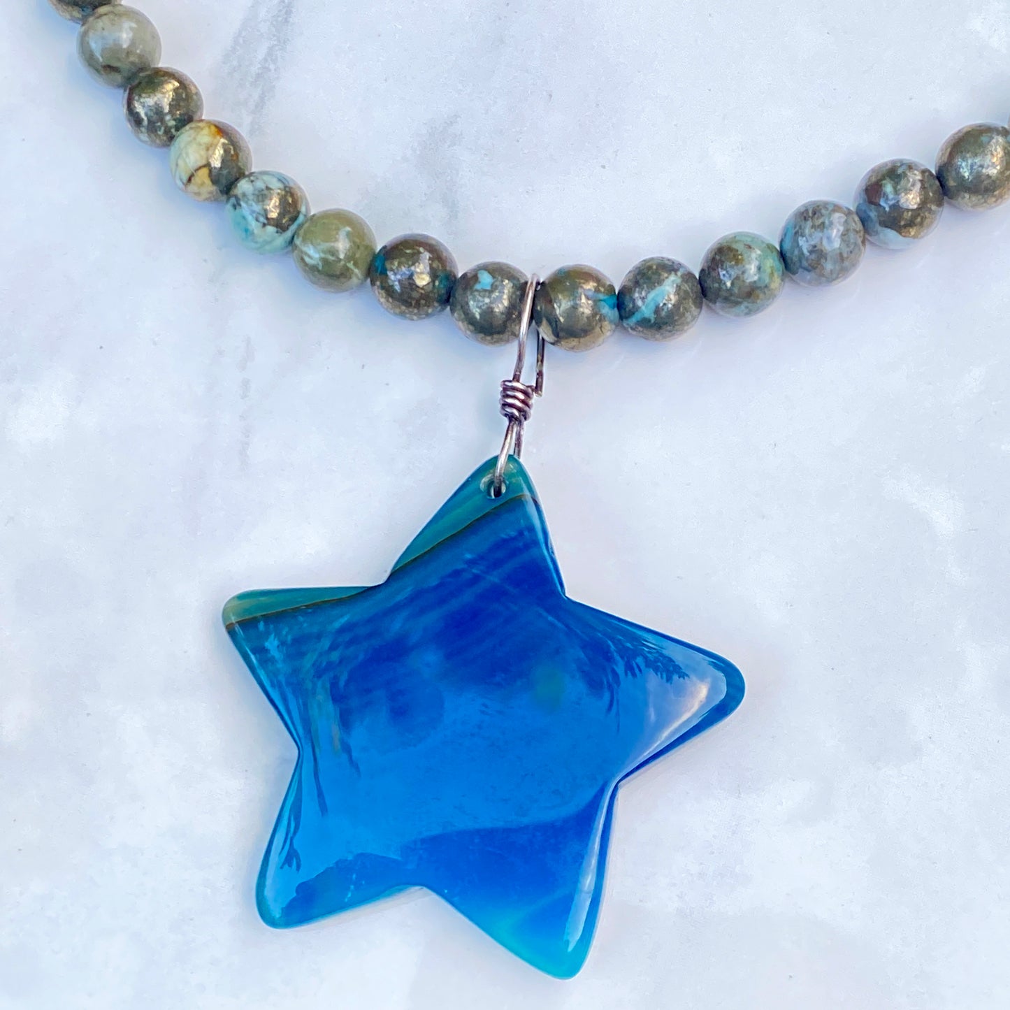 Blue Agate Star, Hand Wrapped w/ Oxidized Sterling Silver, On Blue Pyrite Necklace