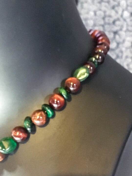 Men’s Red Tiger Eye Tibetan Agate with Green Jade gemstone necklace with copper toggle