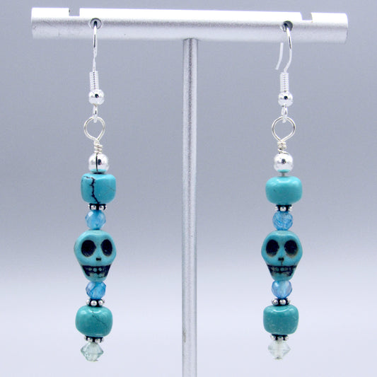 Howlite Skull, Genuine Turquoise, Apatite, Fluorite Gemstones Drop Earrings