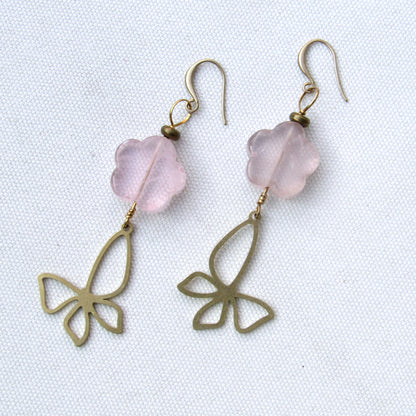 Rose Quartz gemstone  Flowered Brass Butterfly Drop Earrings