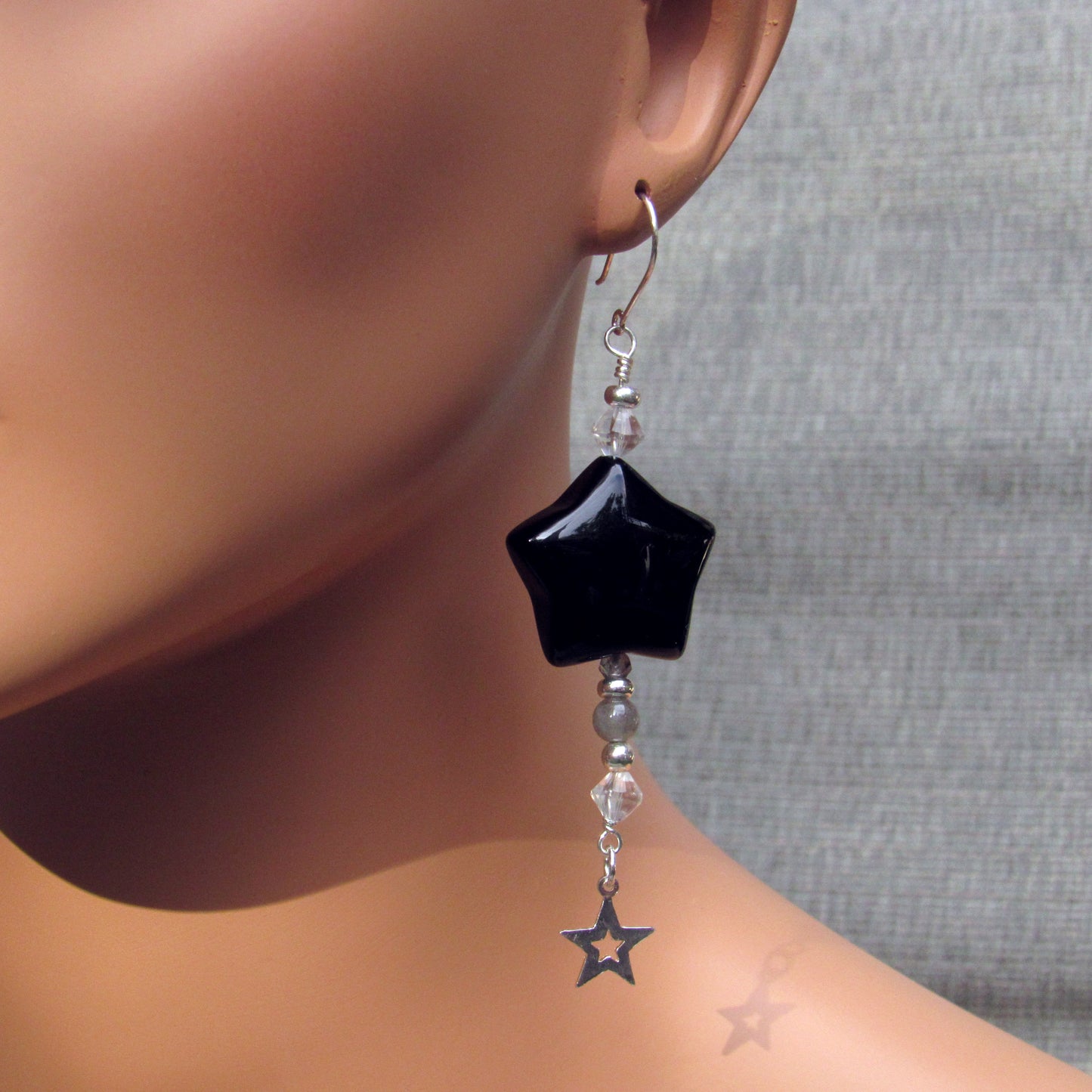 Black Agate Star, Labradorite, Clear Quartz gemstone, and Sterling Silver Drop Earrings