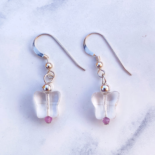 Clear Quartz Butterflies with Pink Sapphires and Sterling Silver Drop Earrings