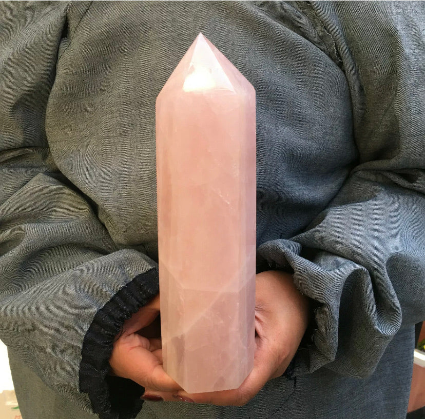 Natural  pink rose quartz gemstone crystal tower point obelisk