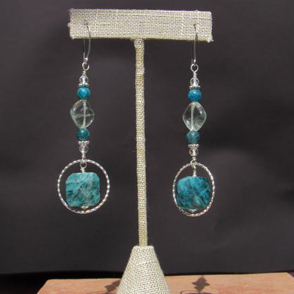 Apatite, Fluorite, White Topaz, and Sterling Silver Long Drop Earrings