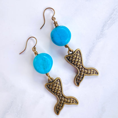 Mermaid and Turquoise gemstone Dangle Drop Mermaid Tail Earrings