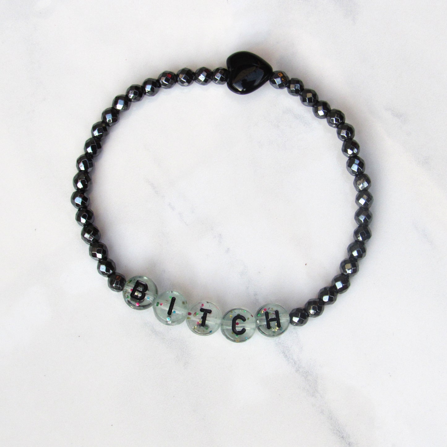 Black Hematite and Onyx gemstone Heart “BITCH PLEASE” stretch bracelet