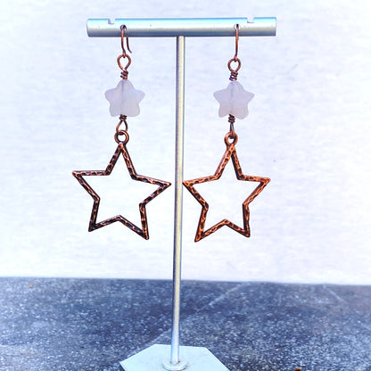 Rose Quartz gemstone Star and Copper Dangle Earrings