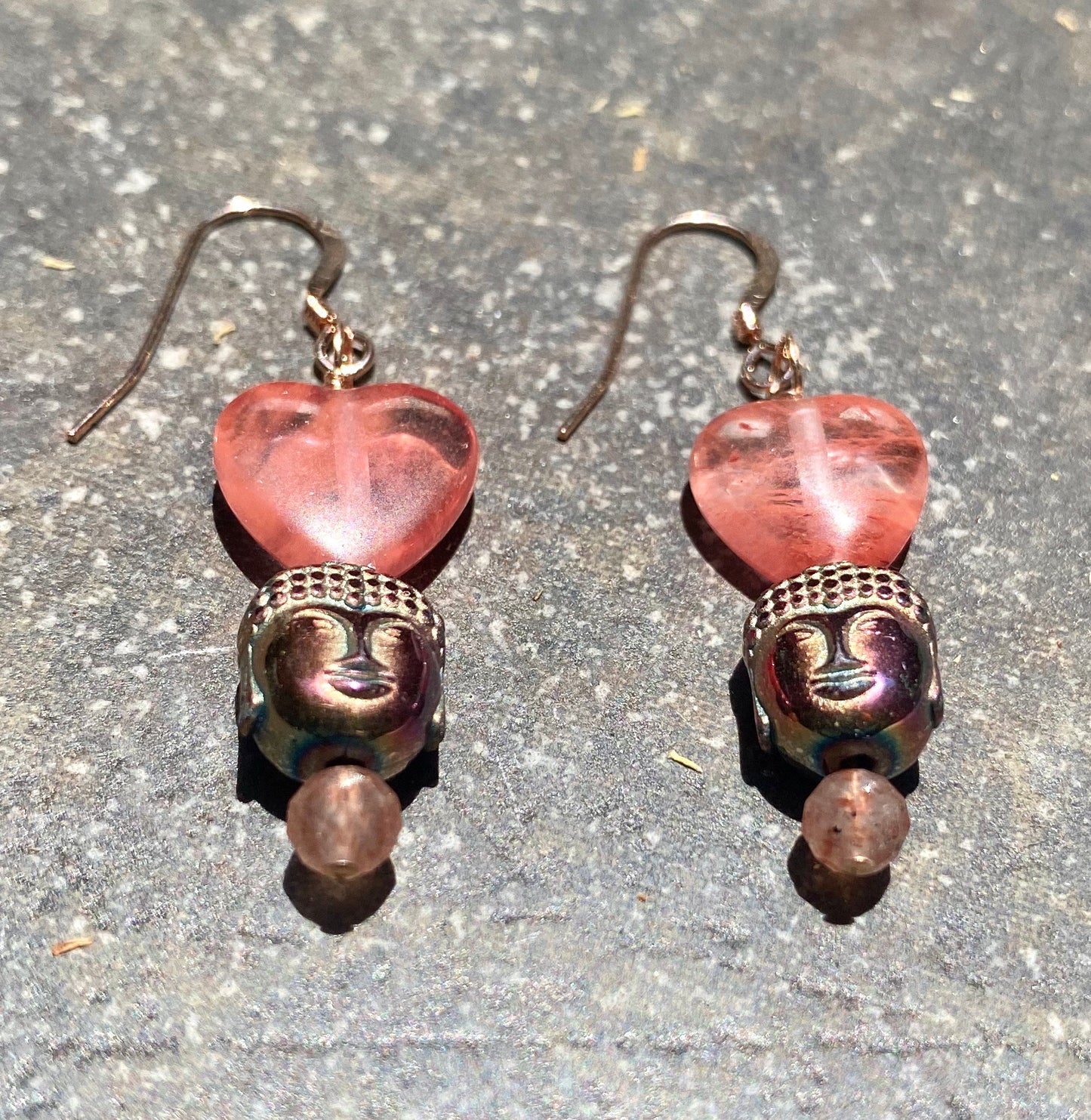 Rainbow Hematite Buddha with rose quartz hearts gemstone Earrings