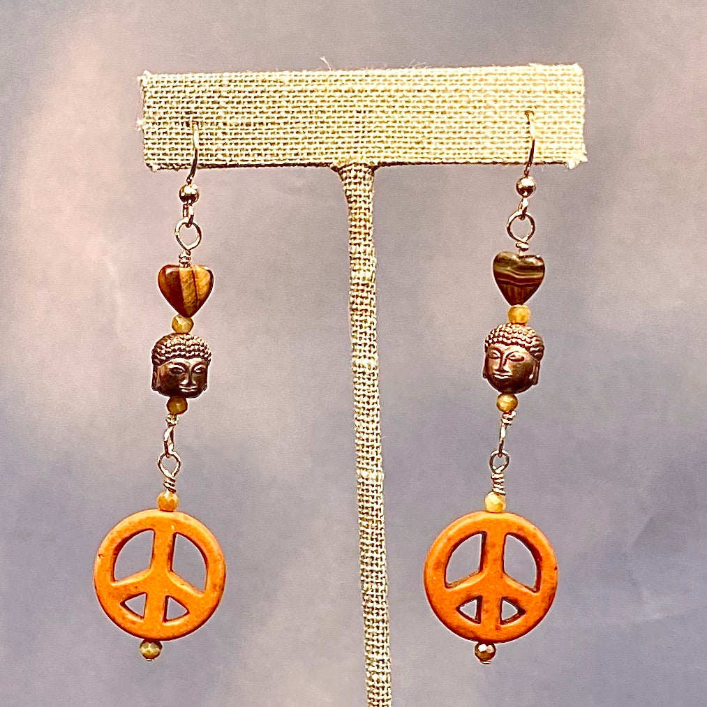 Howlite Peace Signs, Tiger’s Eye, Hematite, and 14 Kt Gf Drop Earrings