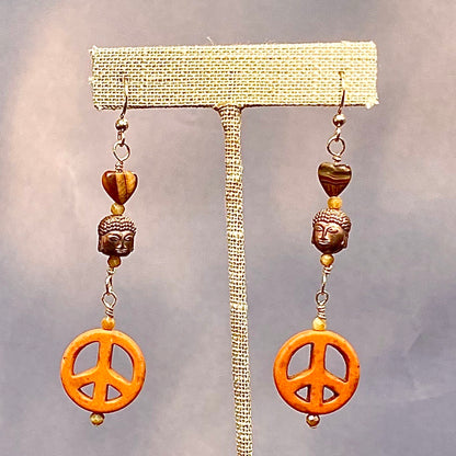 Howlite Peace Signs, Tiger’s Eye, Hematite, and 14 Kt Gf Drop Earrings