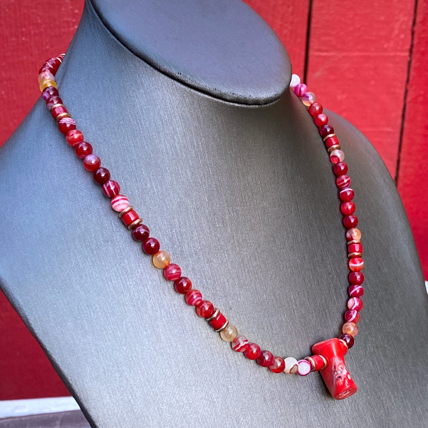 Red Agate gemstone, Copper, and Coral necklace