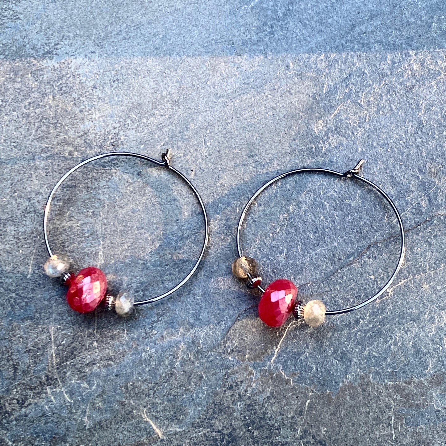 Pink chalcedony, labradorite, oxidized sterling sliver hoop earrings