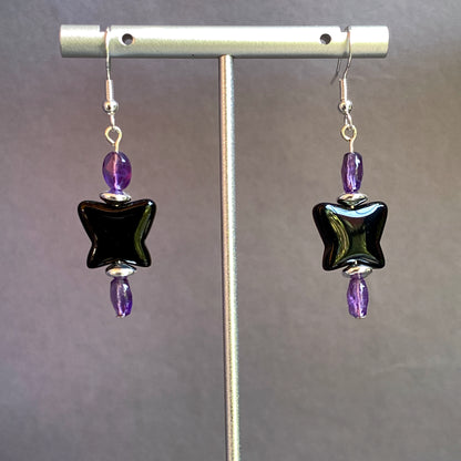 Black Obsidian Butterfly with Amethyst and Sterling Silver Drop Earrings