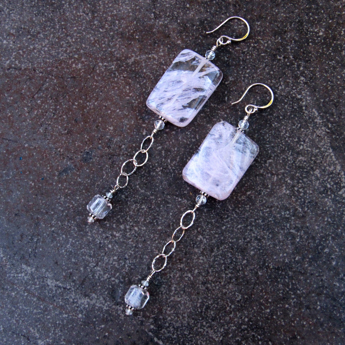 Lavender Quartz, White Topaz, and Sterling Silver Drop Earrings