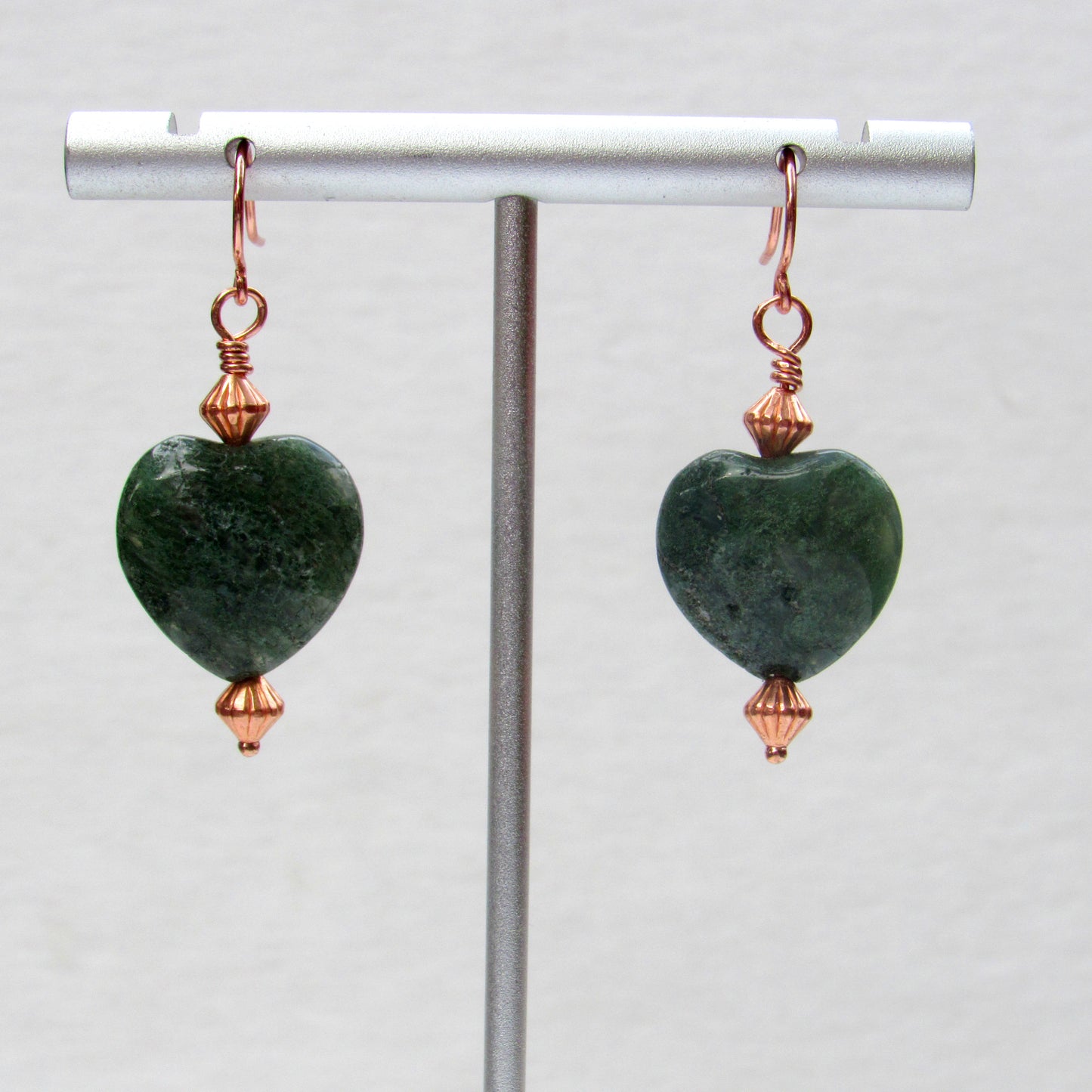 Moss Agate gemstone Heart and Copper Drop earrings