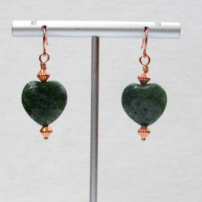 Moss Agate gemstone Heart and Copper Drop earrings