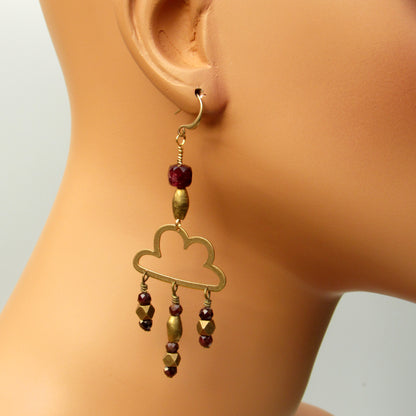 Raw Brass Cloud and Garnet gemstone Rain Drop Earrings