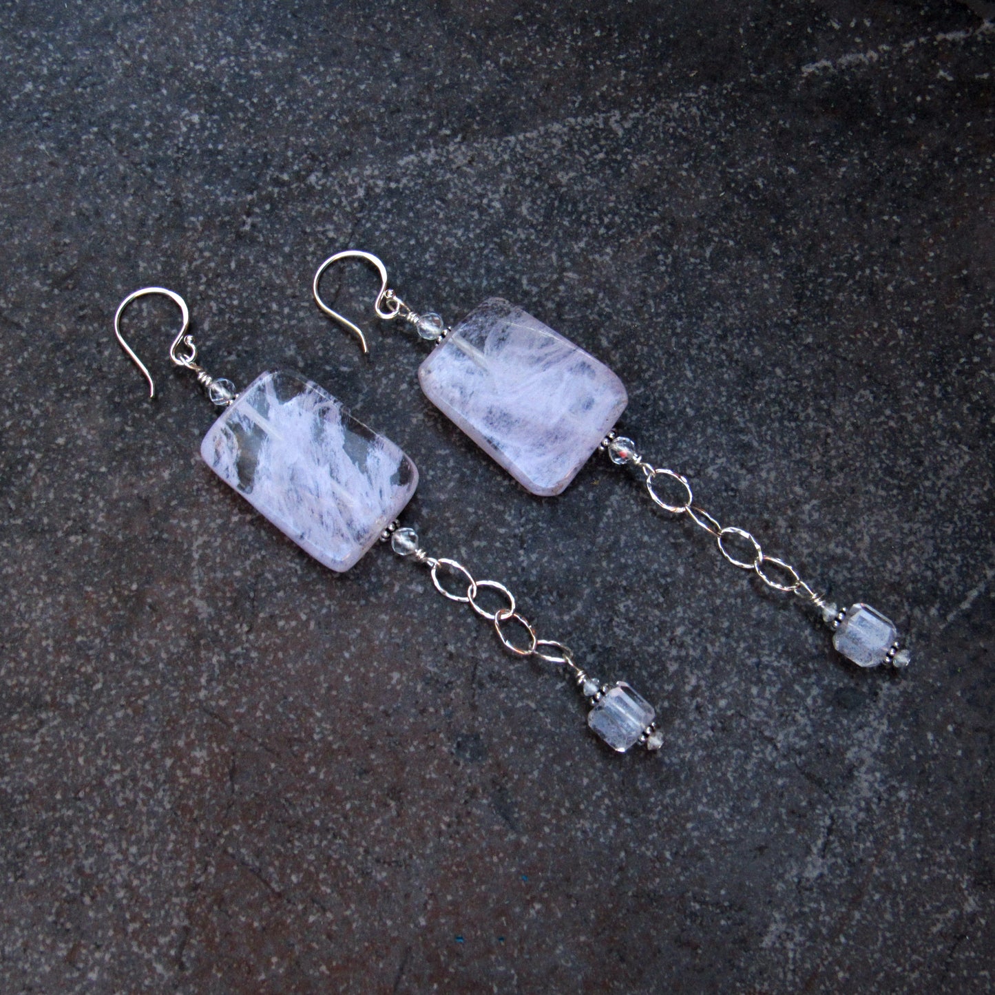 Lavender Quartz, White Topaz, and Sterling Silver Drop Earrings