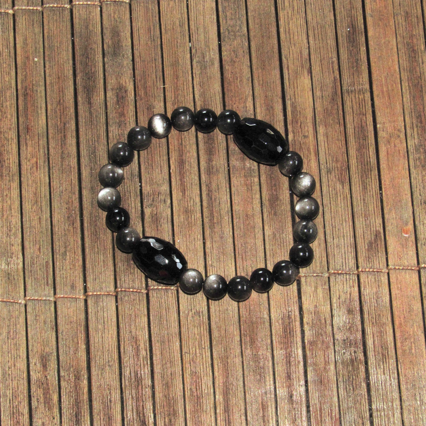 Chunky Black Onyx and Silver Obsidian Gemstone Stretch Bracelet