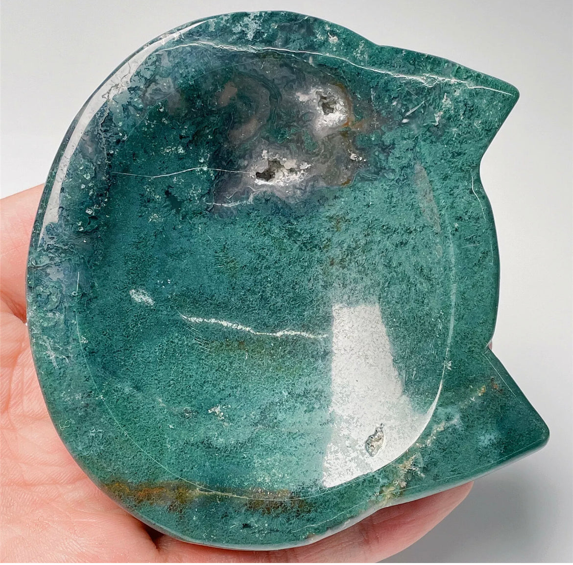 Natural Green Moss Agate Kitty Cat Jewelry Dish