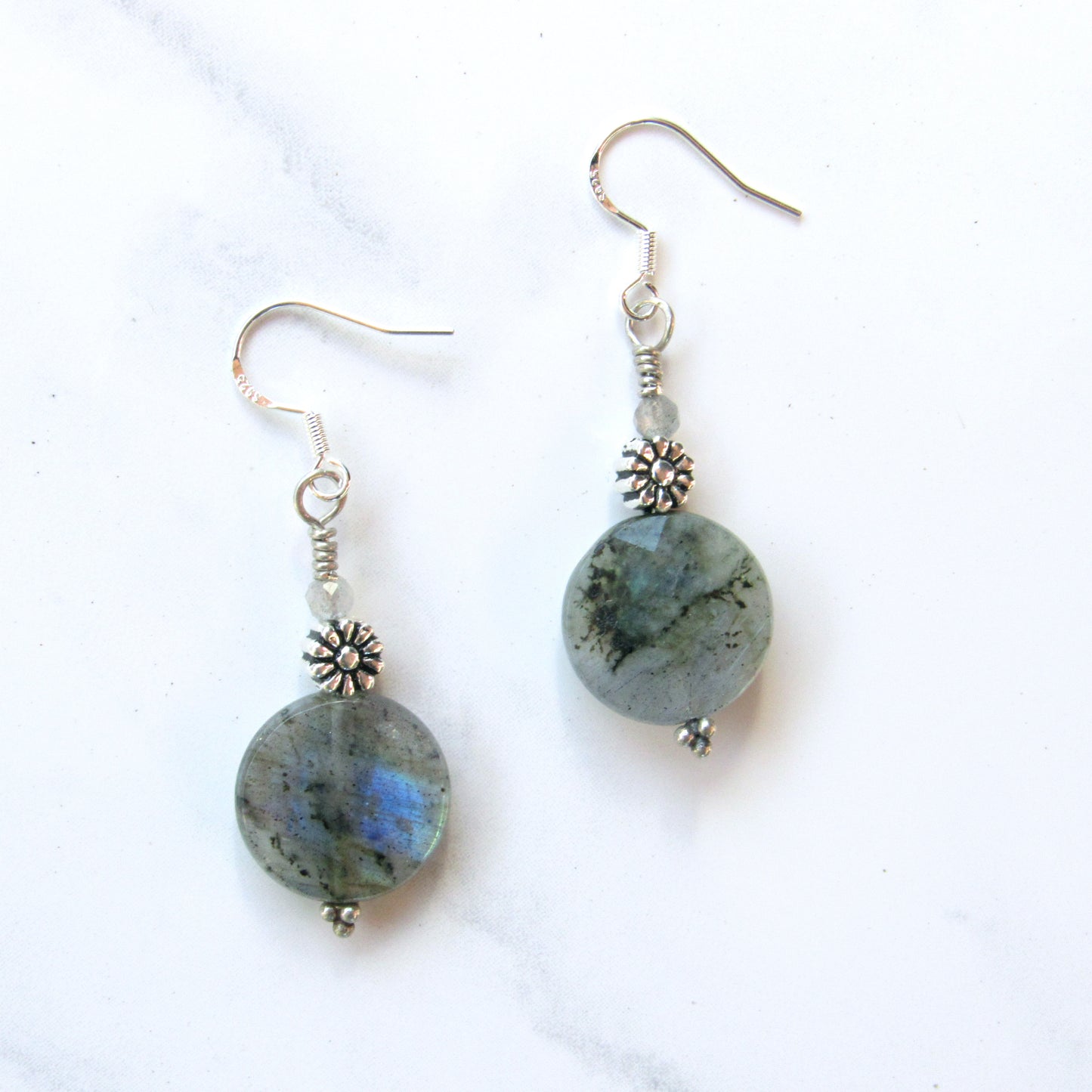 Labradorite gemstone and Sterling Silver Flower Dangle Earrings