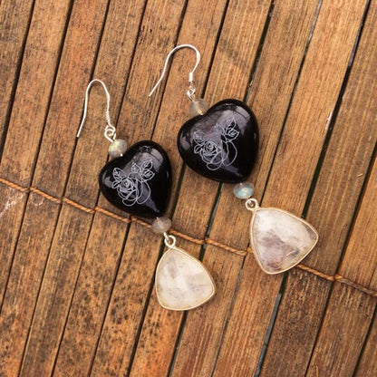 Painted Onyx Heart, Labradorite, Moonstone & sterling silver drop Earrings