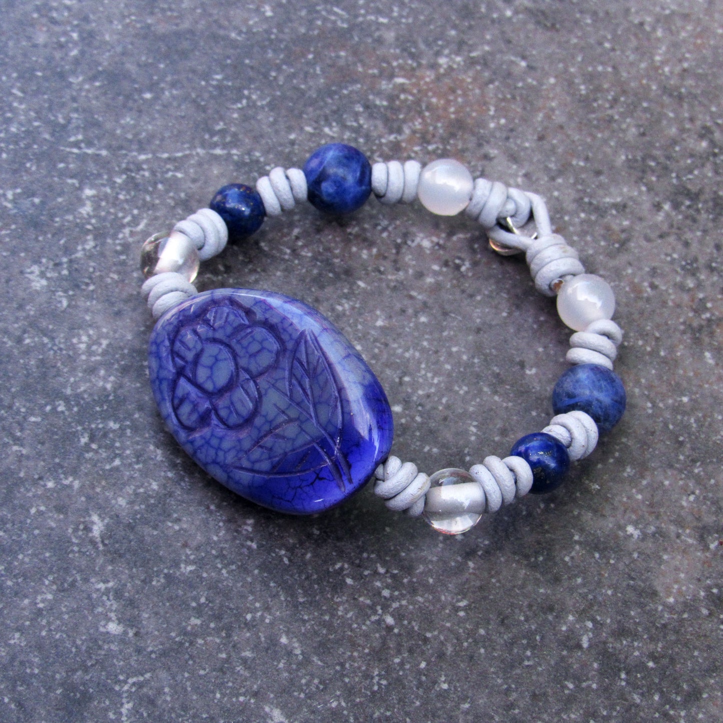 Flower Carved Agate, Sodalite gemstone, Clear Quartz, Leather Hand Knotted W/ Sterling Silver Button