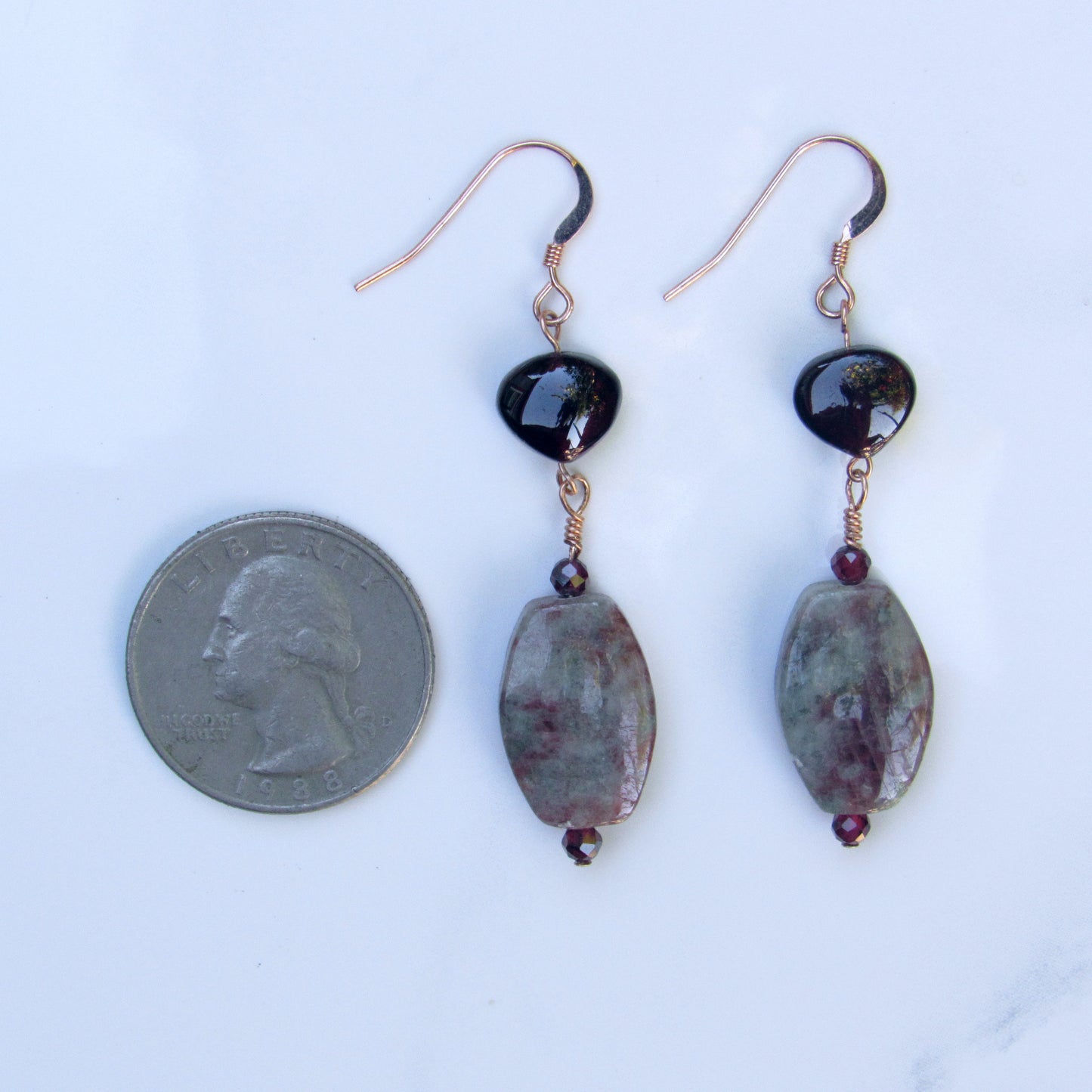 Ruby Zoisite, Garnets, w/ 14 kt Rose Gf Drop Earrings