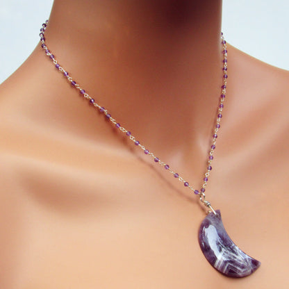 Amethyst Moon on sterling silver wrapped amethyst chain necklace