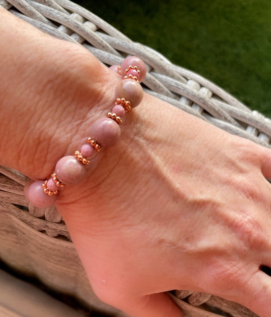 Pink Rhodonite gemstone and Copper Beaded Stretch Bracelet