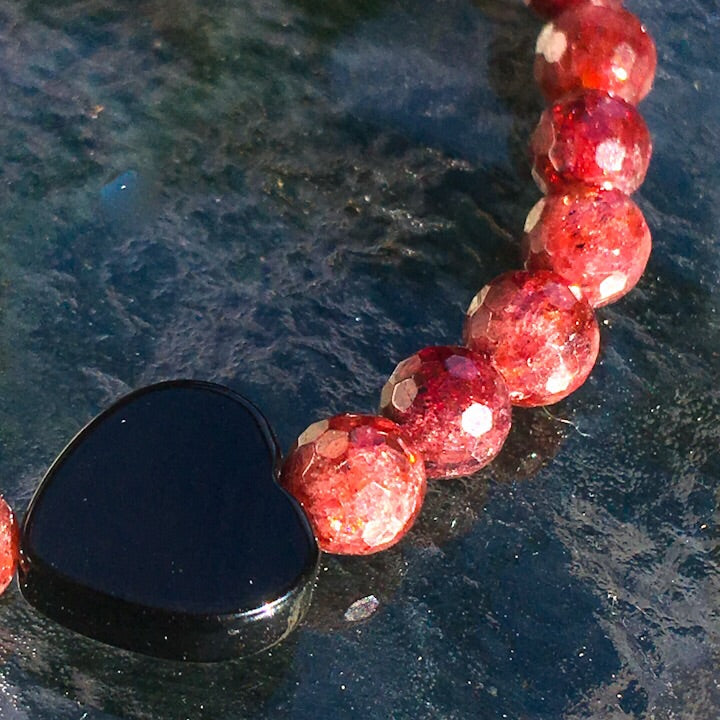 Women’s Fire Agate and Onyx Gemstone Heart