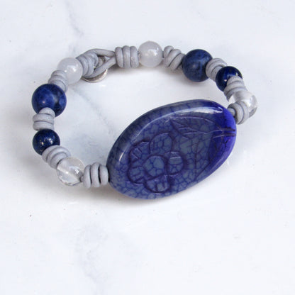 Flower Carved Agate, Sodalite gemstone, Clear Quartz, Leather Hand Knotted W/ Sterling Silver Button