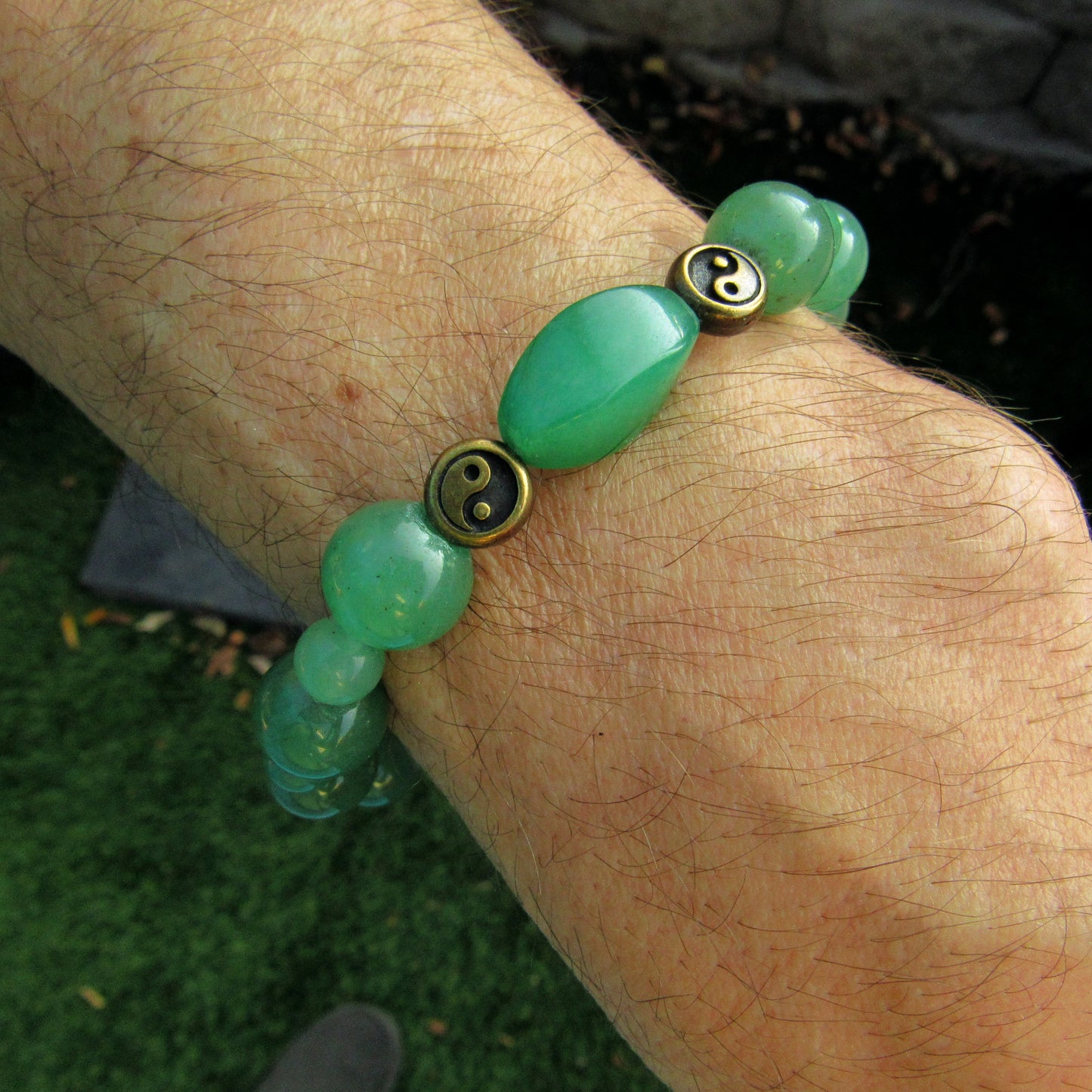 Green Aventurine gemstone and Puter Yin Yang Stretch Bracelet