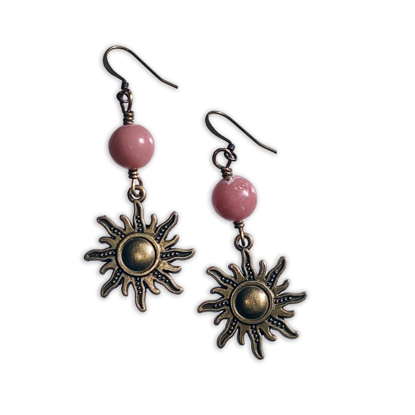 Brass Sun and Rhodonite gemstone Dangle Earrings