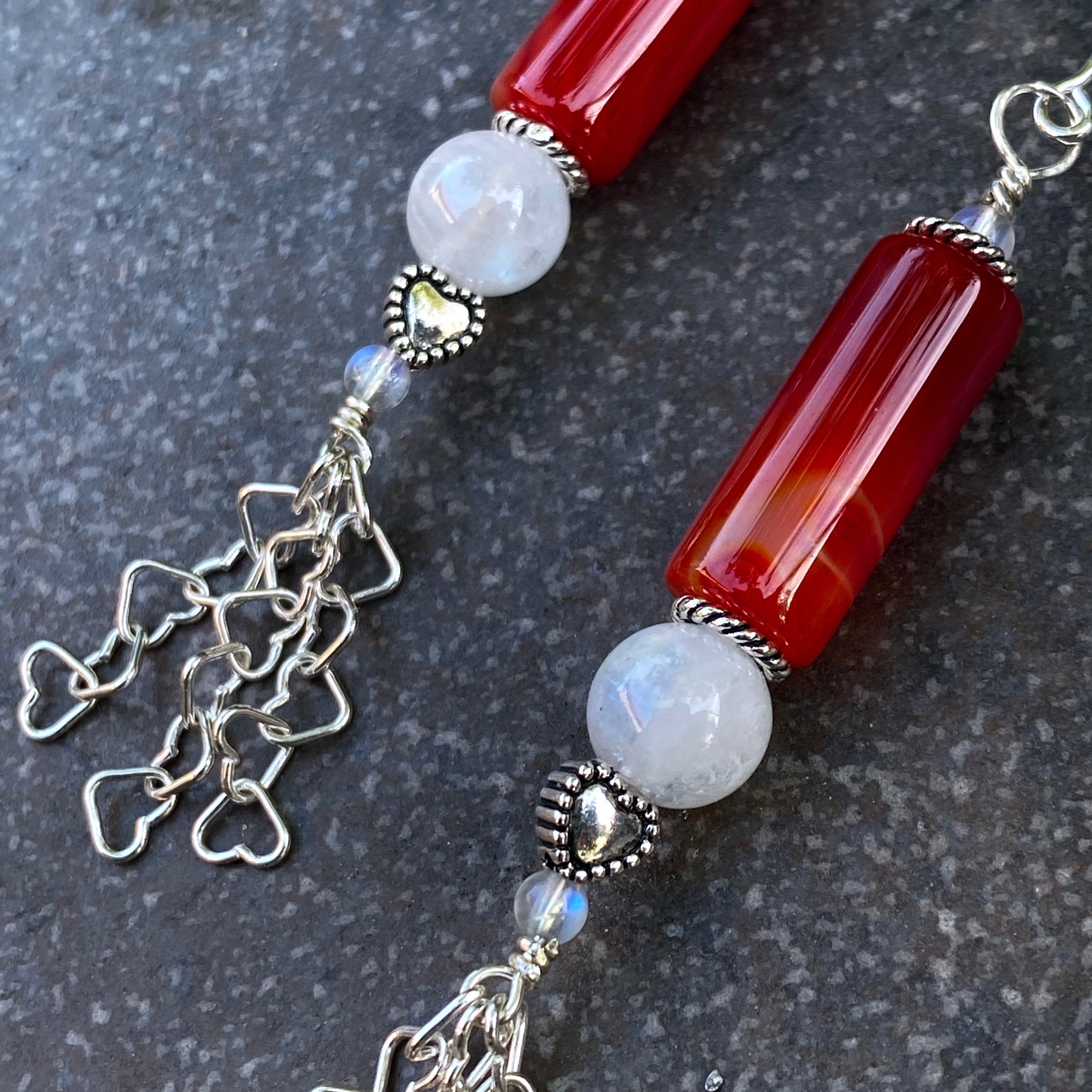 Red Agate Gemstone, Moonstones, Sterling Silver Drop Earrings