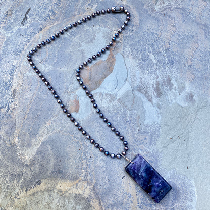 Men’s Fluorite Gemstone Pendant Hand Wrapped w/ Sterling Silver on Patina Copper Chain