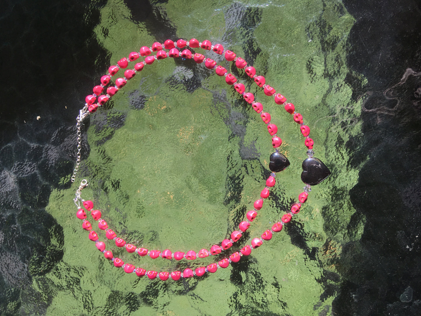 Pink Skulls and Hematite Gemstone Double Necklace