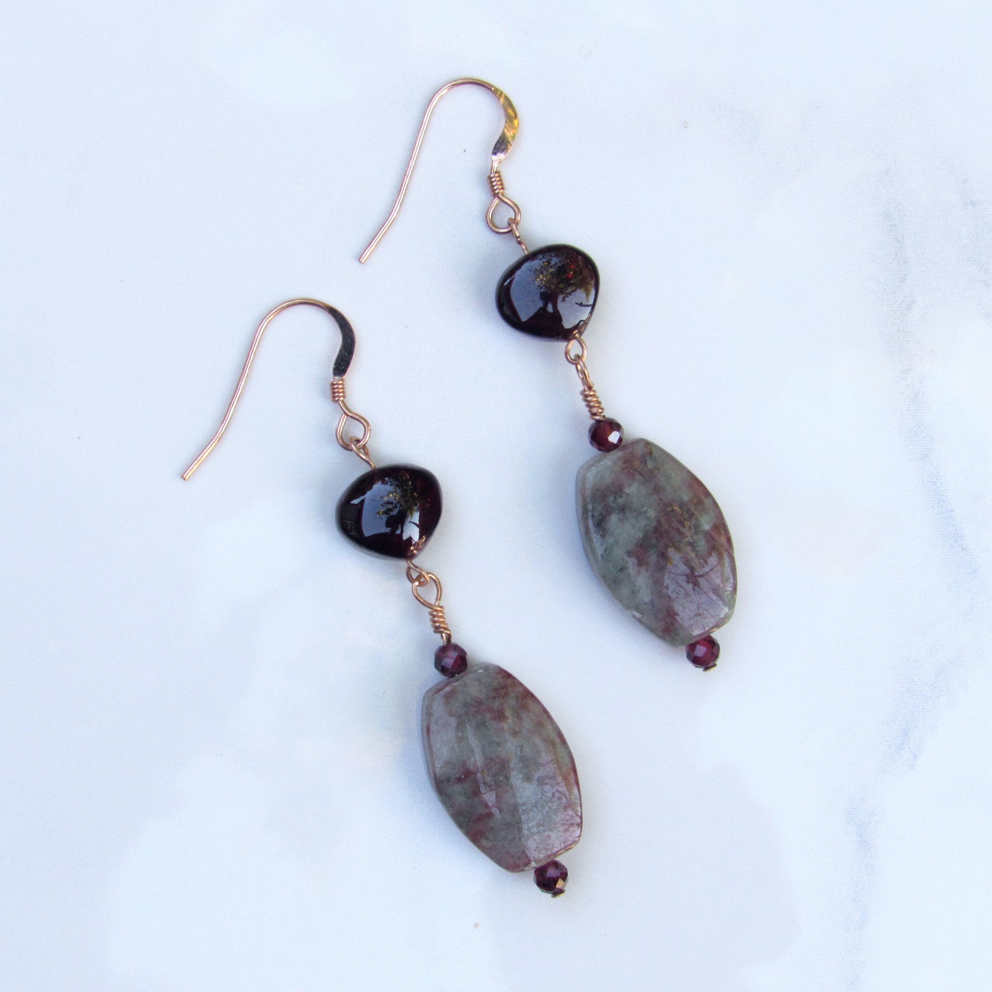 Ruby Zoisite, Garnets, w/ 14 kt Rose Gf Drop Earrings